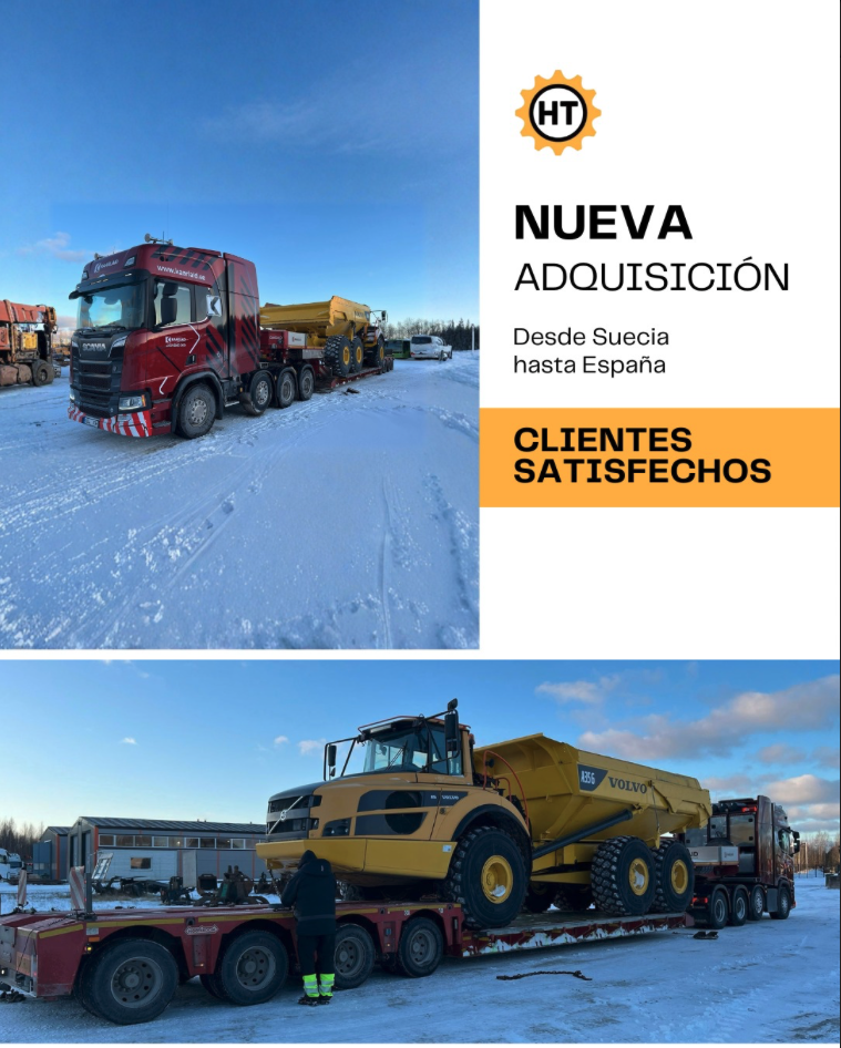 Transporte internacional de maquinaria pesada Volvo A35G cargado en góndola desde Suecia con destino a España