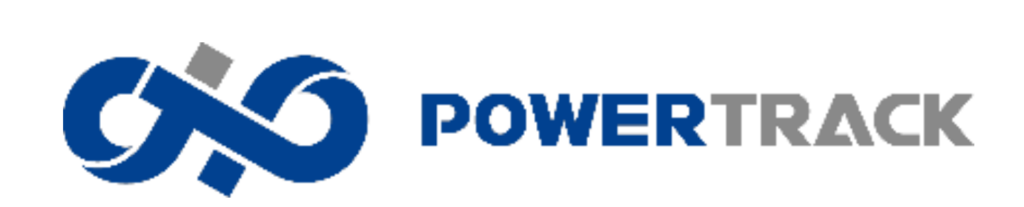 Logotipo de la empresa Powertrack compuesto por un isotipo azul en forma de infinito estilizado y el nombre "POWERTRACK" en tipografía sans-serif, combinando los colores azul y gris sobre fondo blanco.