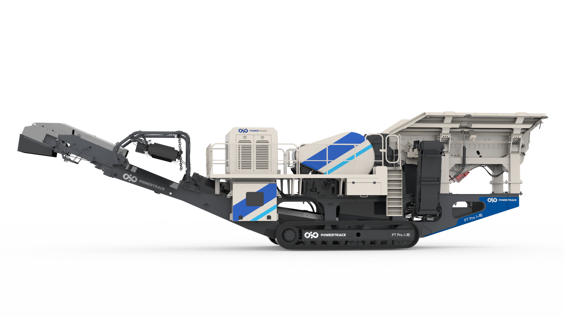 Representación en 3D de perfil lateral izquierdo de una planta de trituración móvil sobre orugas, marca Powertrack. Se observa la cinta transportadora de descarga extendida a la izquierda, el módulo central con motor y detalles en azul, y la tolva de alimentación a la derecha sobre un fondo negro.