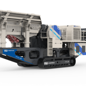 Trituradora de mandíbula móvil marca PowerTrack, modelo PT Pro J-11E, montada sobre orugas con un diseño industrial en colores blanco, azul y gris oscuro sobre un fondo negro.